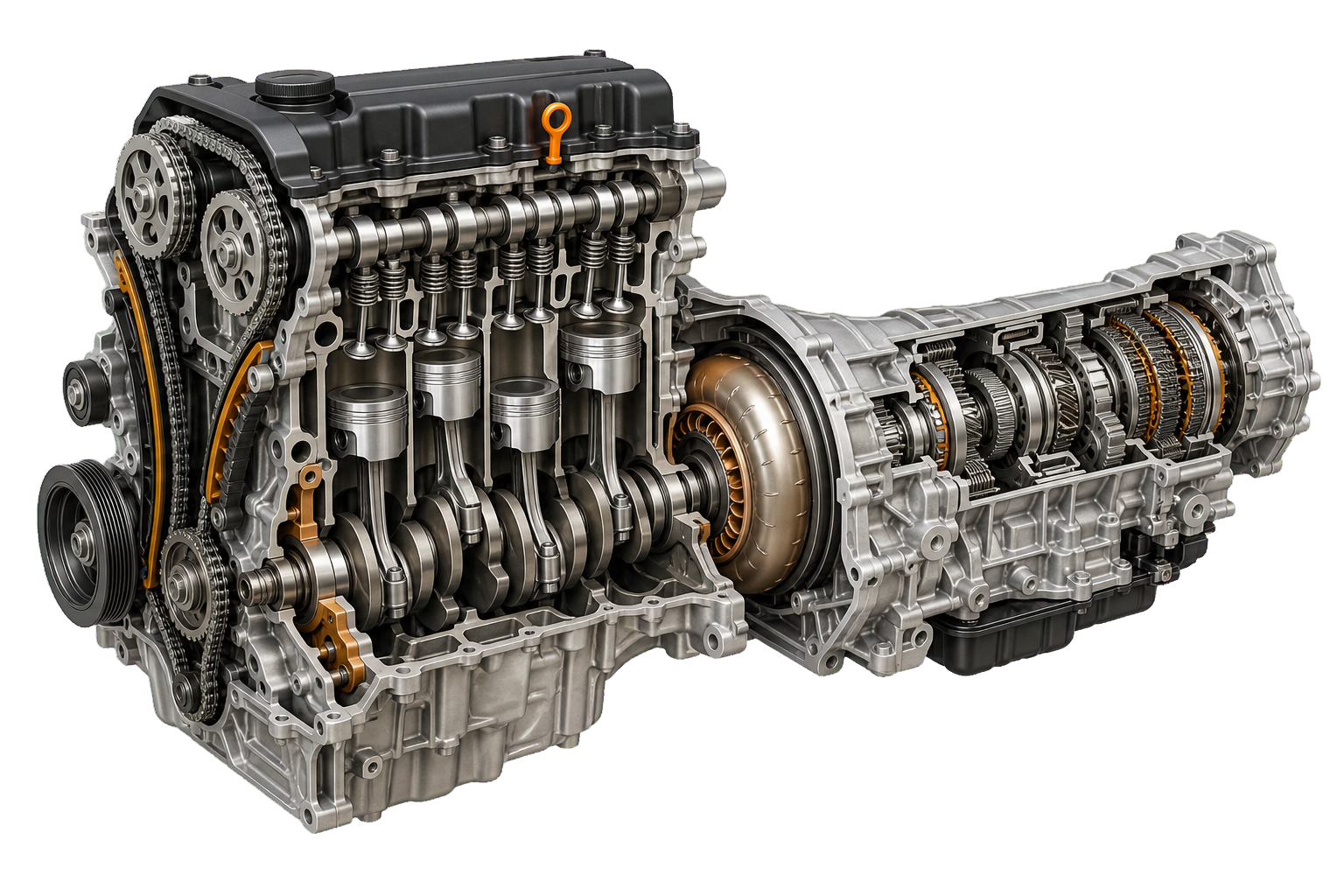 Cutaway combustion engine and automatic transmission showing pistons, crankshaft, valves, torque converter and gears