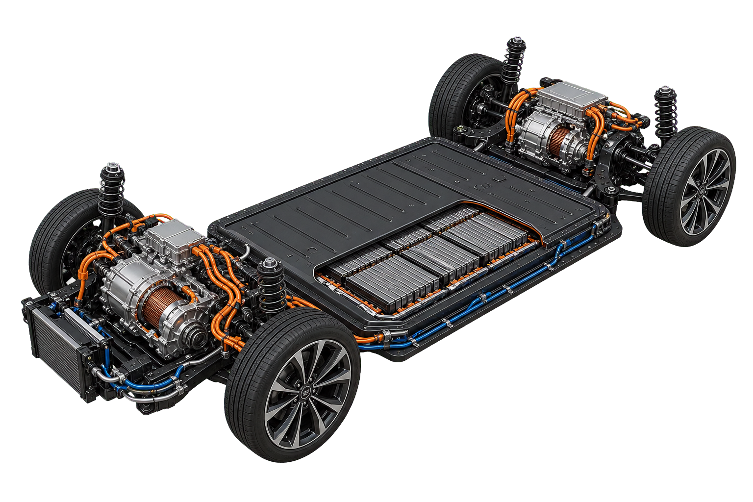 Electric-car skateboard powertrain showing the traction battery, cell modules, front and rear motors, inverters, cooling lines and high-voltage cables