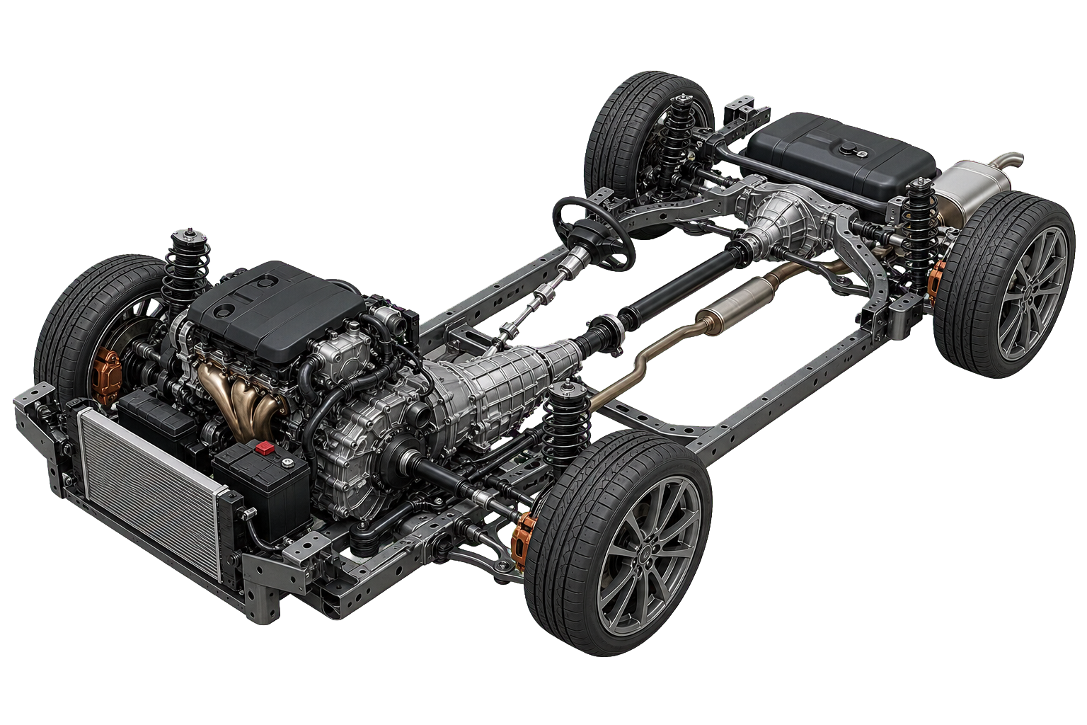 Passenger-car rolling chassis showing engine, transmission, driveline, suspension, steering, brakes, cooling system, fuel tank and wheels