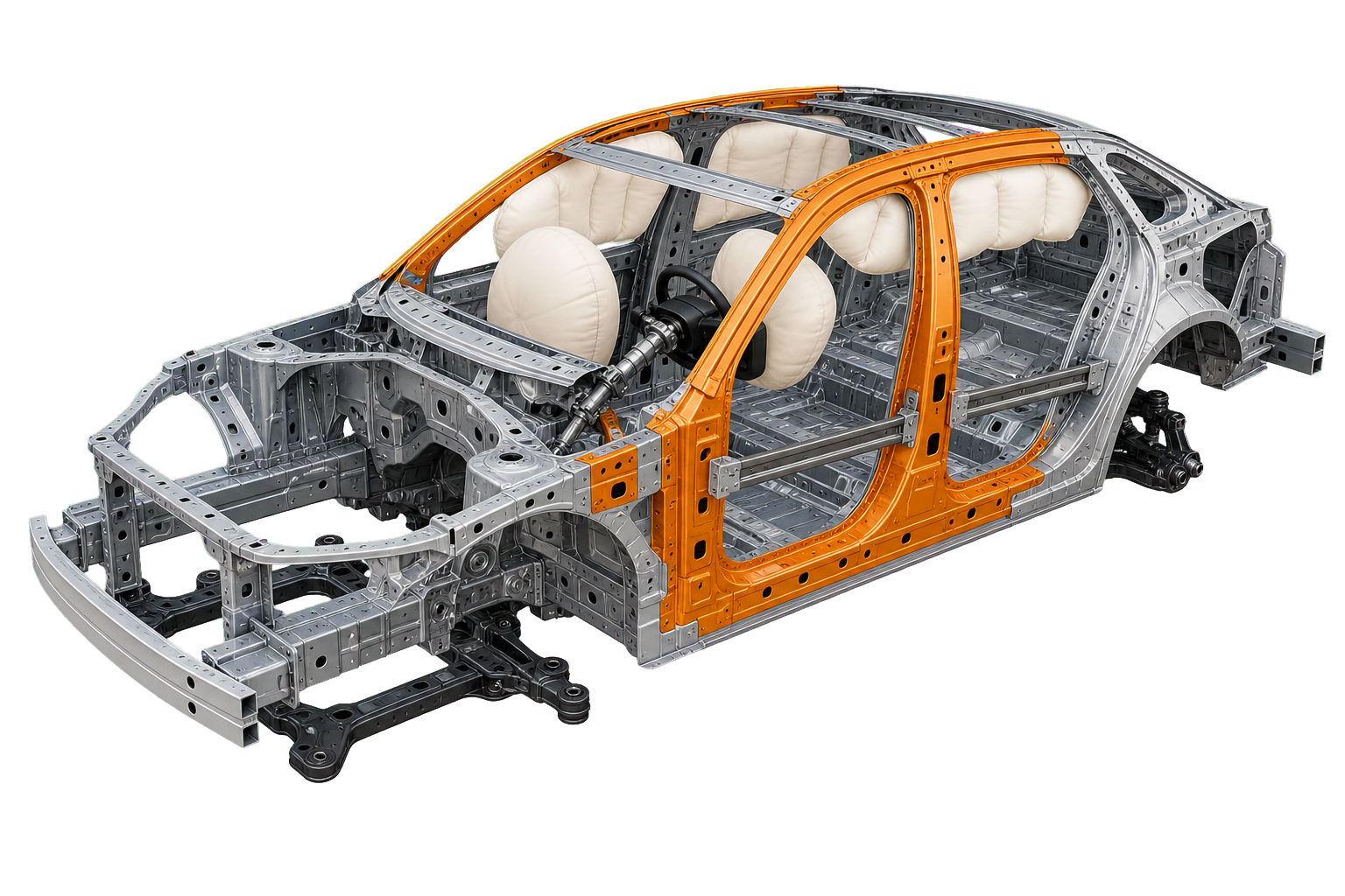 Passenger-car body-in-white showing safety cell, crumple zones, reinforced pillars, side-impact beams, subframes, steering column and deployed airbags