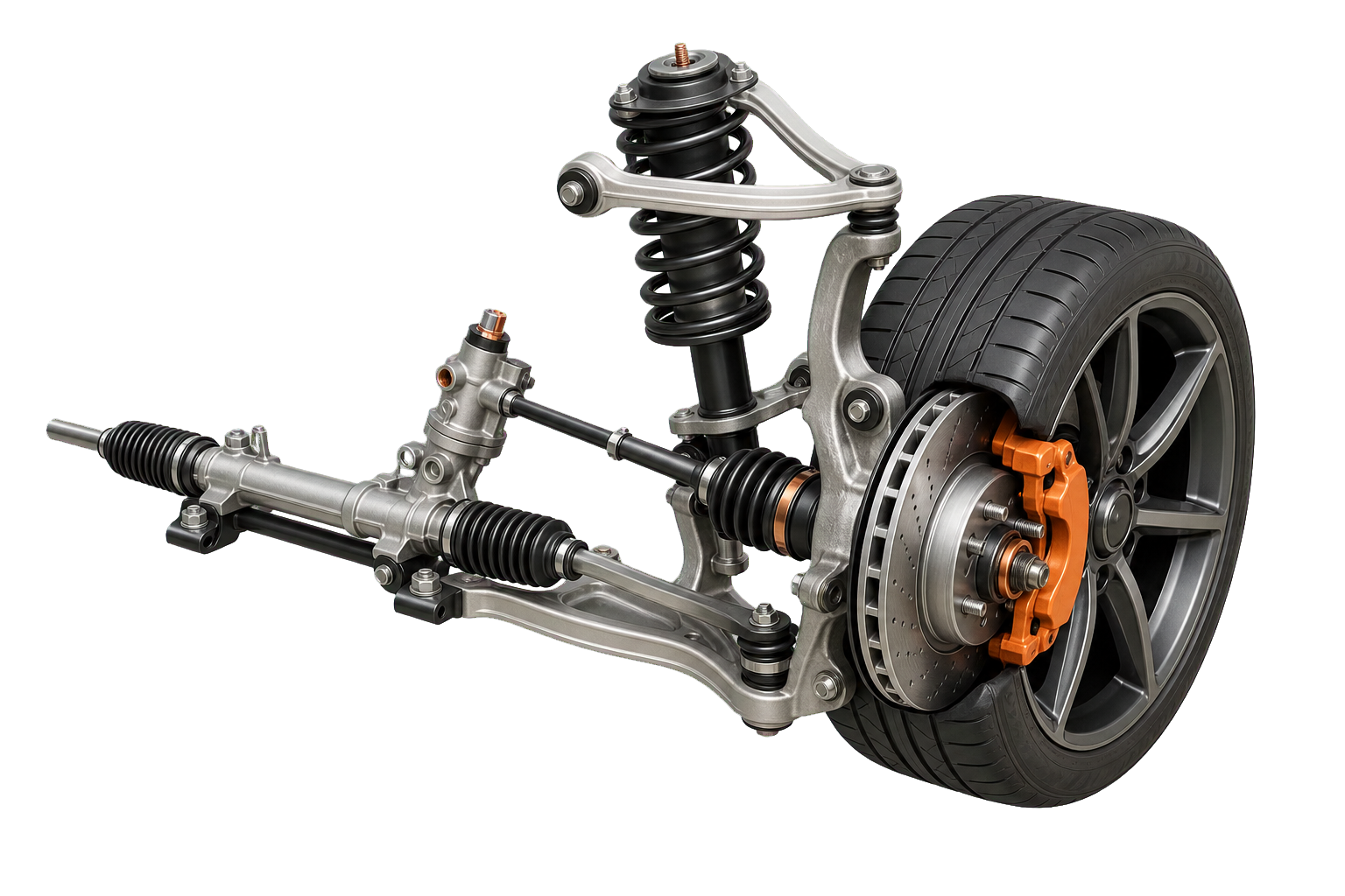 Wheel-corner assembly with steering rack, tie rod, control arms, spring, damper, CV shaft, disc brake, caliper and tire