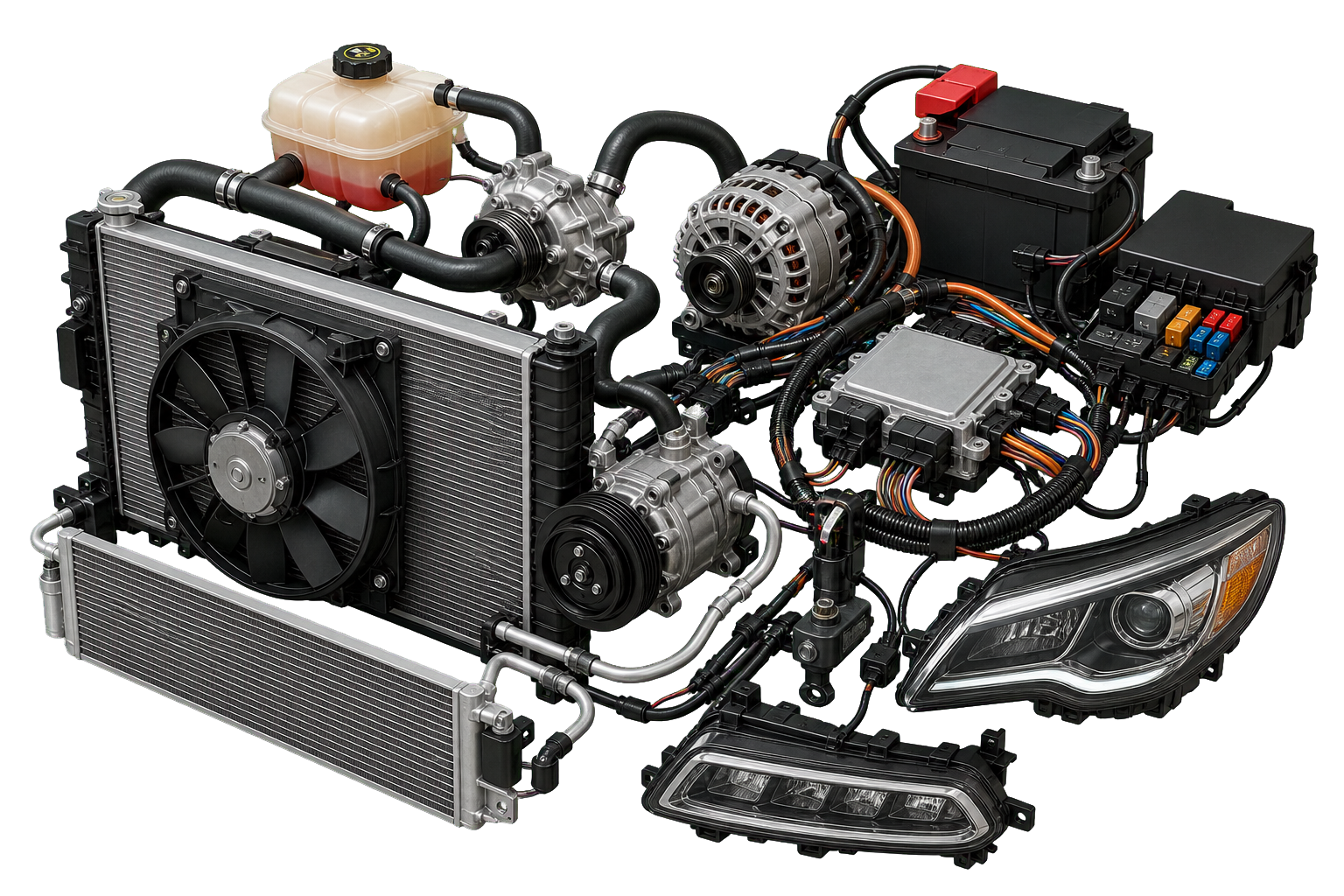 Automotive cooling and electrical components including radiator, fan, coolant reservoir, pumps, battery, alternator, ECU, fuse box, wiring and lights
